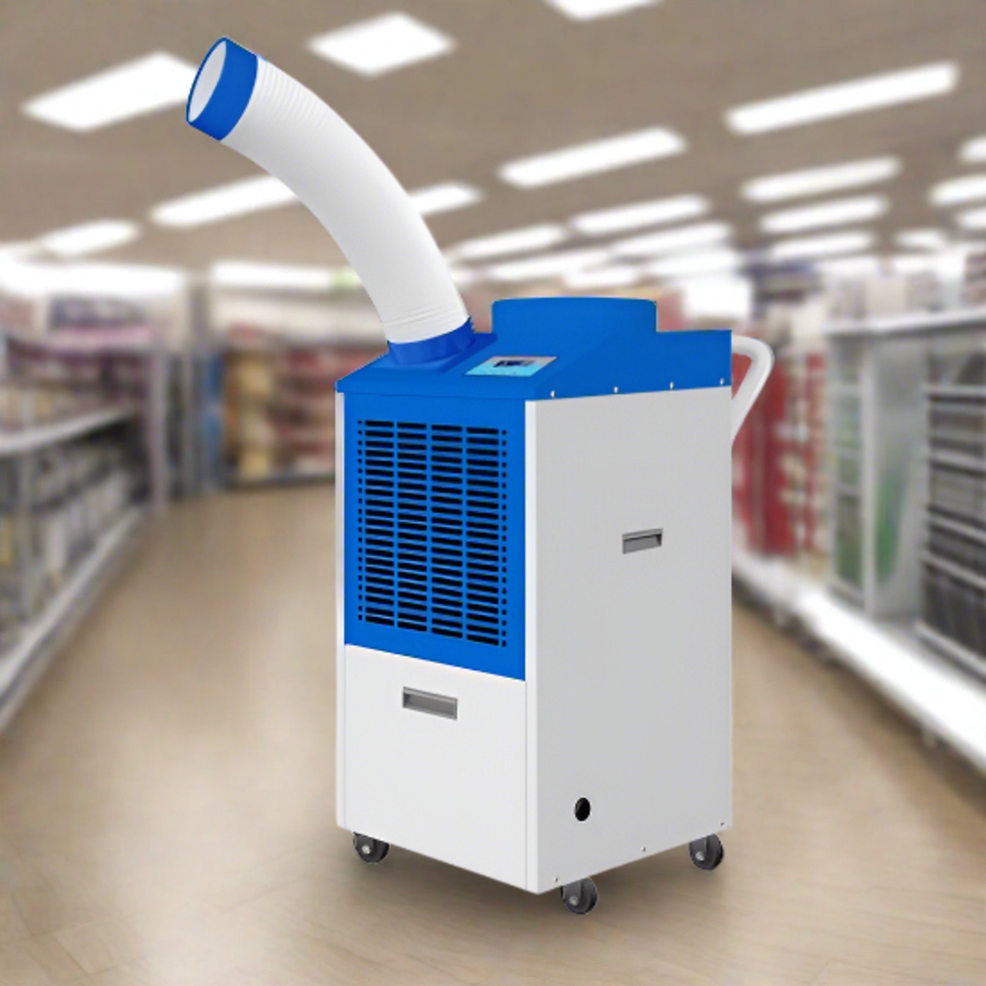 Cool-A-Zone Nova Flex: portable AC for up to 540 sq. ft. Uses R32 refrigerant, 120V-10A plug & weighs 123 lbs. Features outlet pipe, locking wheels & handle for easy portability.